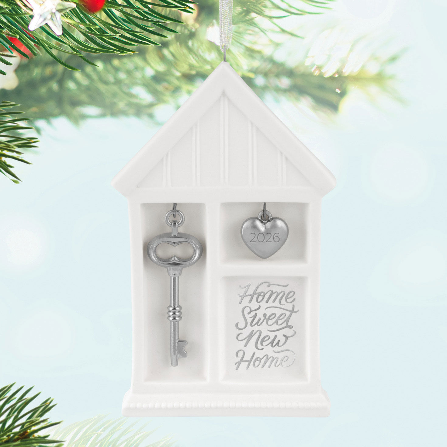 White House Silver Key and Heart Keepsake Ornament Hanging on tree image number 2