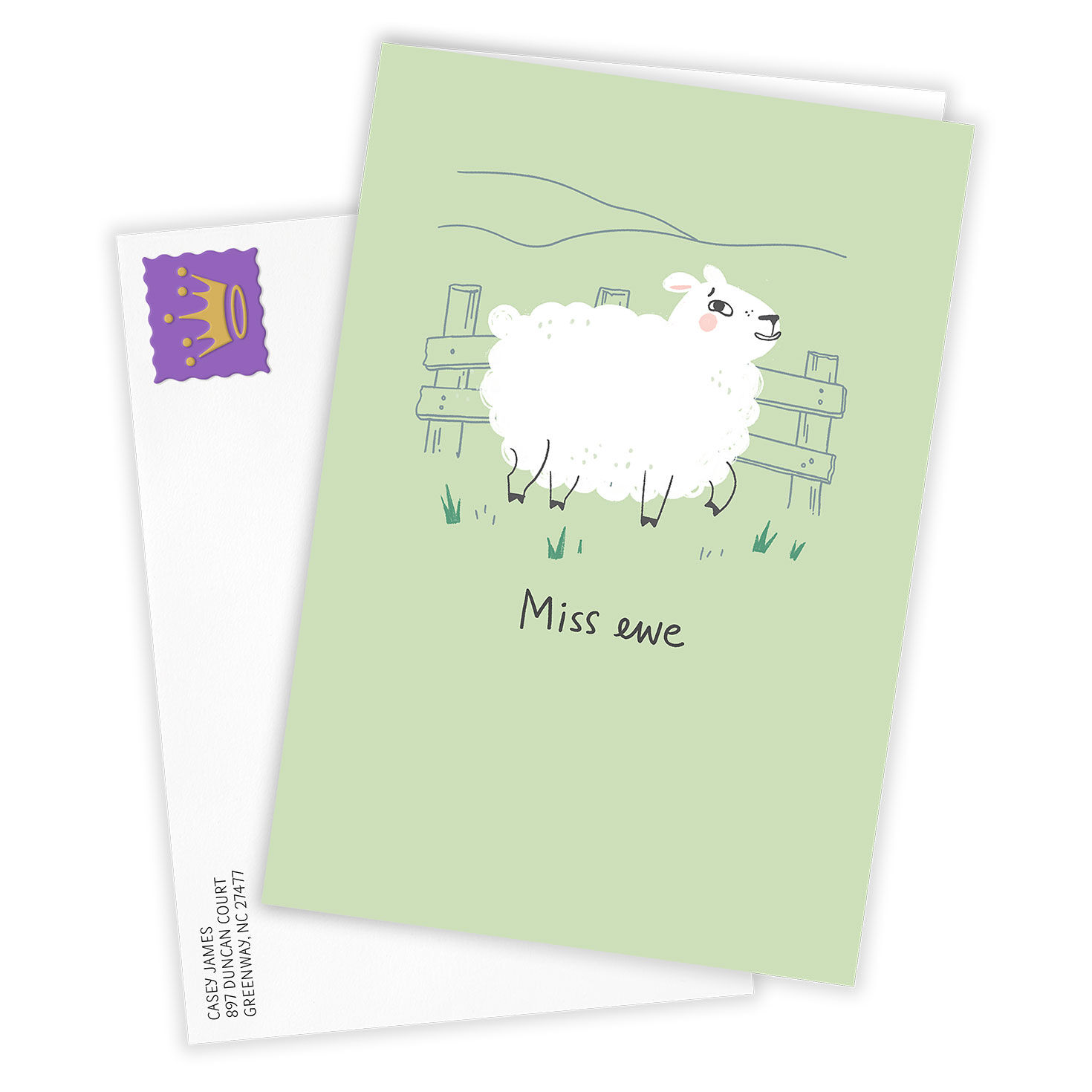 Sheep at Fence on Green Personalized Card Card Front with Envelope image number 2