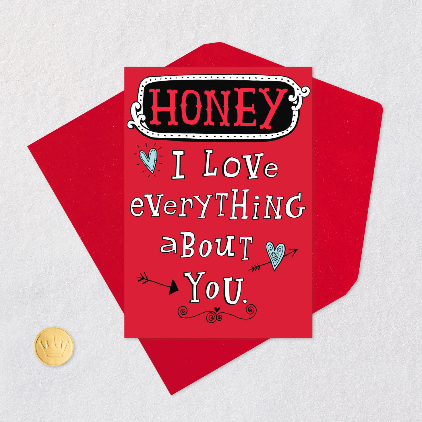 Hearts and Arrows Red Romantic Valentines Day Card Card Front with Envelope and Gold Seal image number 5