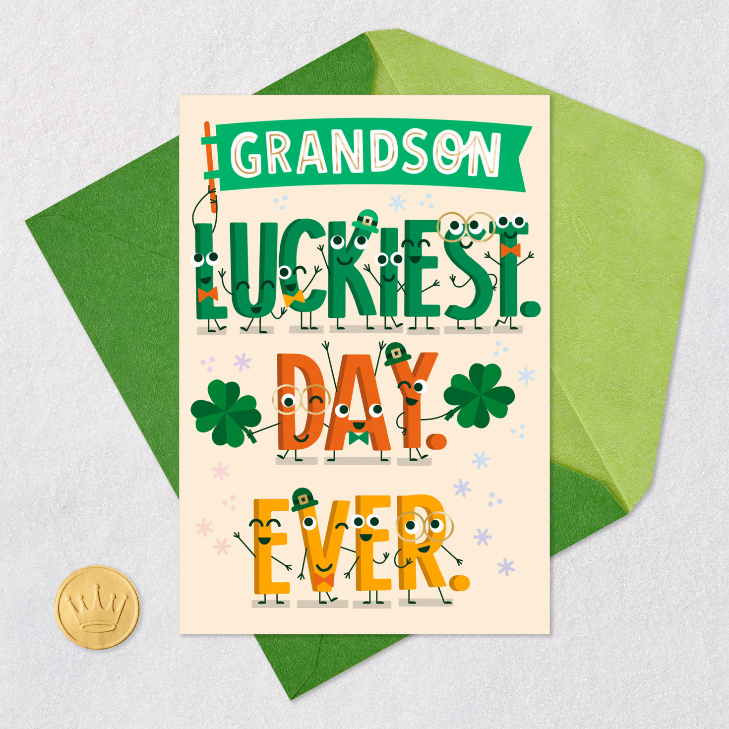 Letter Characters St. Patrick's Day Card for Grandson Card Front with Envelope and Gold Seal image number 6