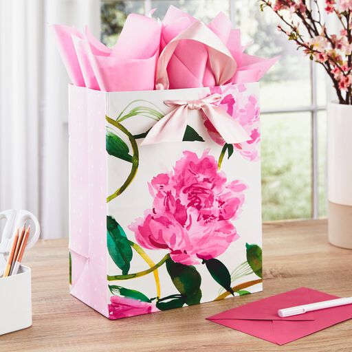 13" Pink Peonies Gift Bag With Tissue, 