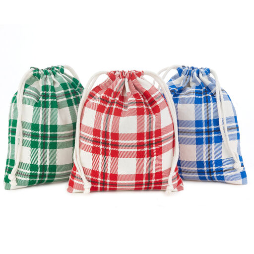 10" Assorted Plaid 3-Pack Fabric Gift Bags, 
