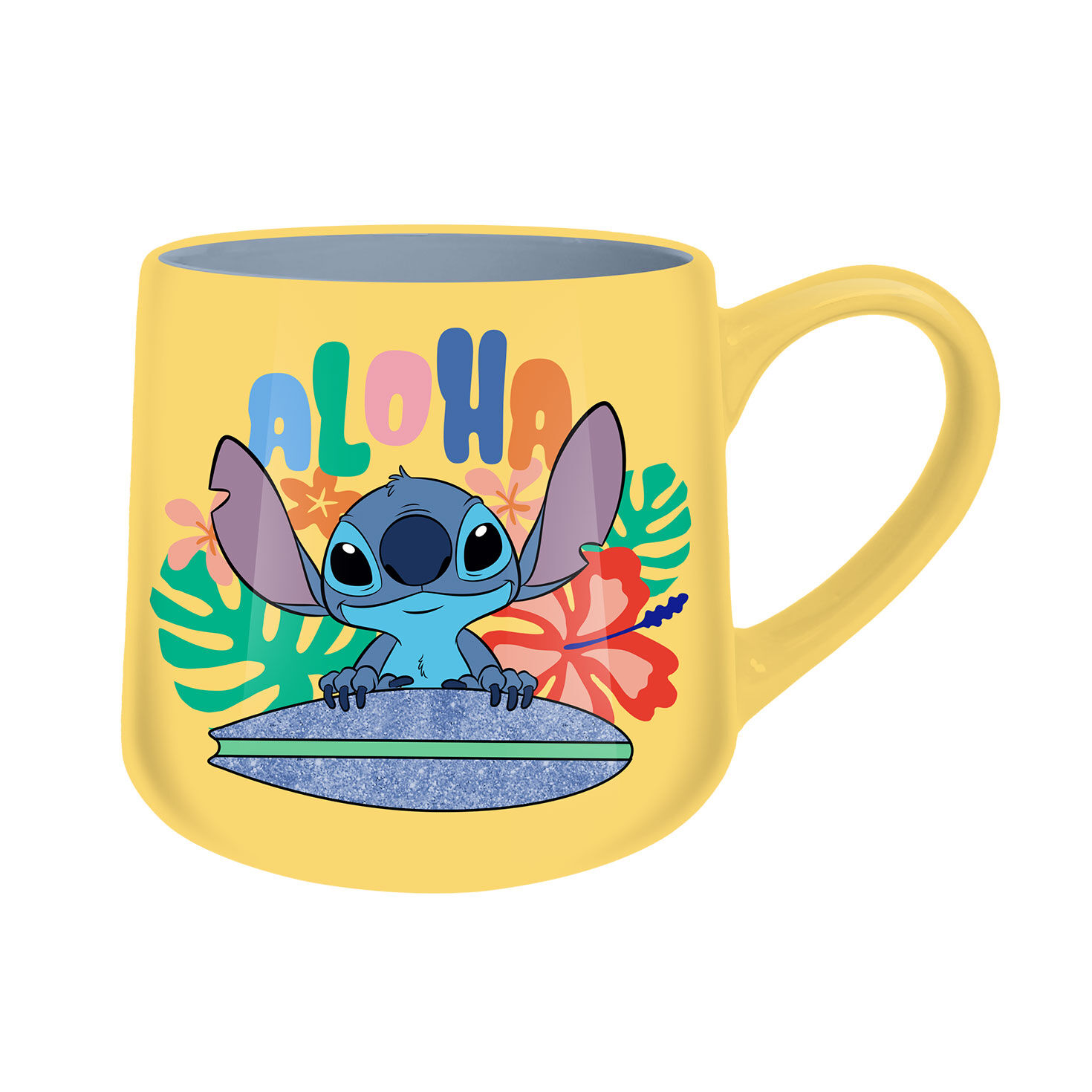 Silver Buffalo Disney Stitch With Surfboard Yellow Mug, 18 oz.