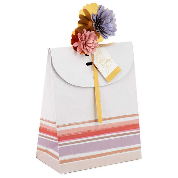 9.7" Striped Medium Fold-Top Gift Bag With Flower Pick