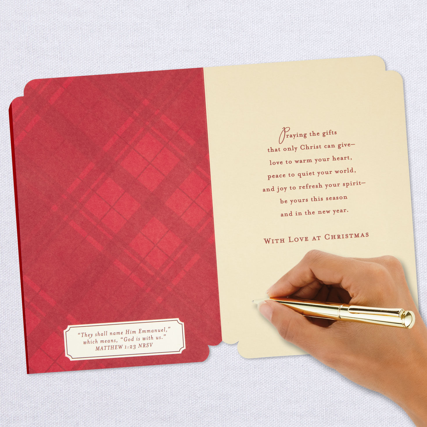 Poinsettia & Plaid Religious Christmas Card for Parents Signing card image number 6