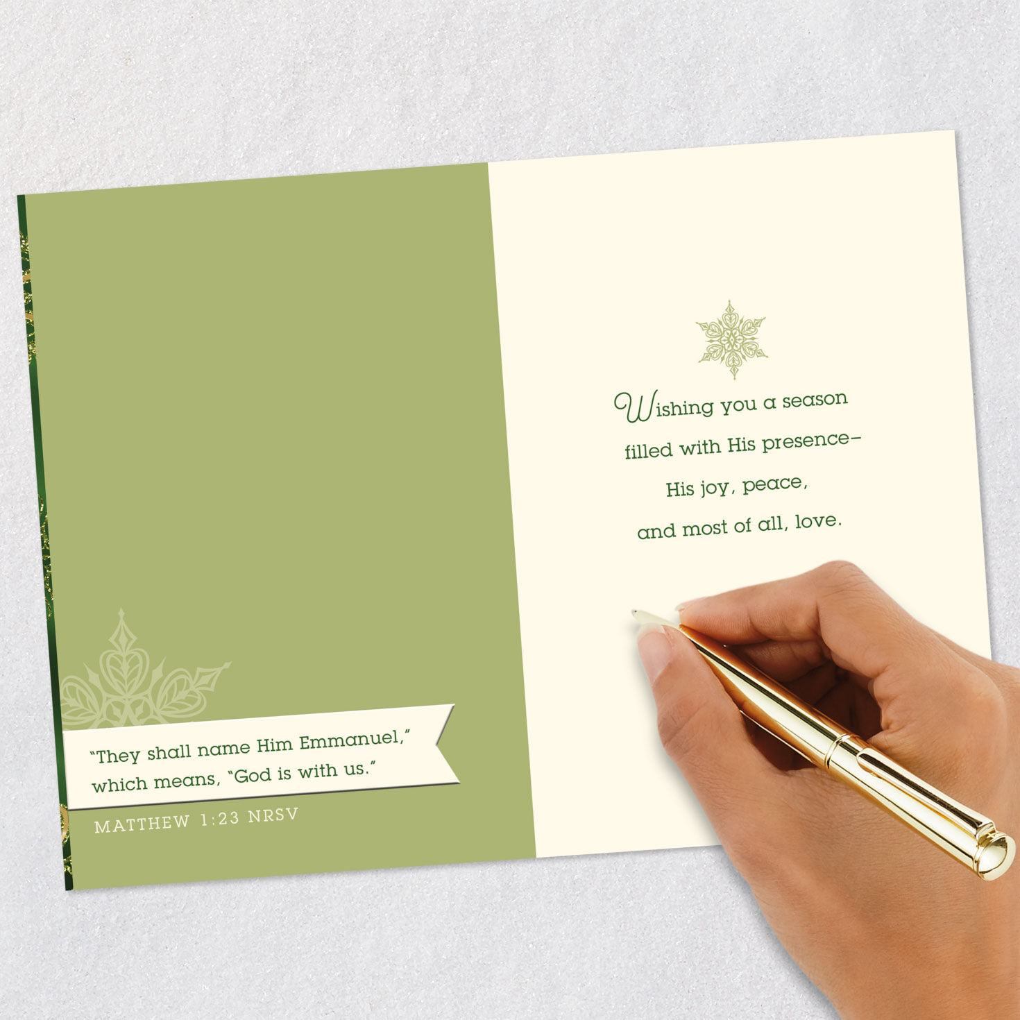 Gold Snowflakes on Green Religious Christmas Card Signing card image number 7