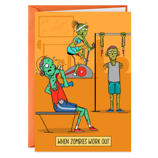 Zombies at the Gym Funny Halloween Card, 