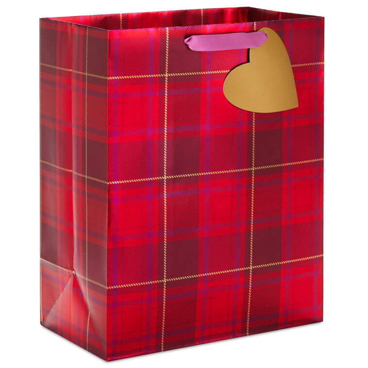 13" Metallic Red Plaid Large Valentine's Day Gift Bag