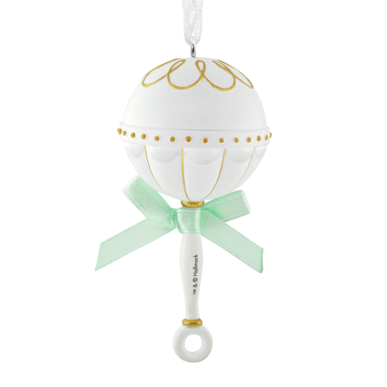 White With Gold Baby Rattle Christmas Ornament Back image number 6