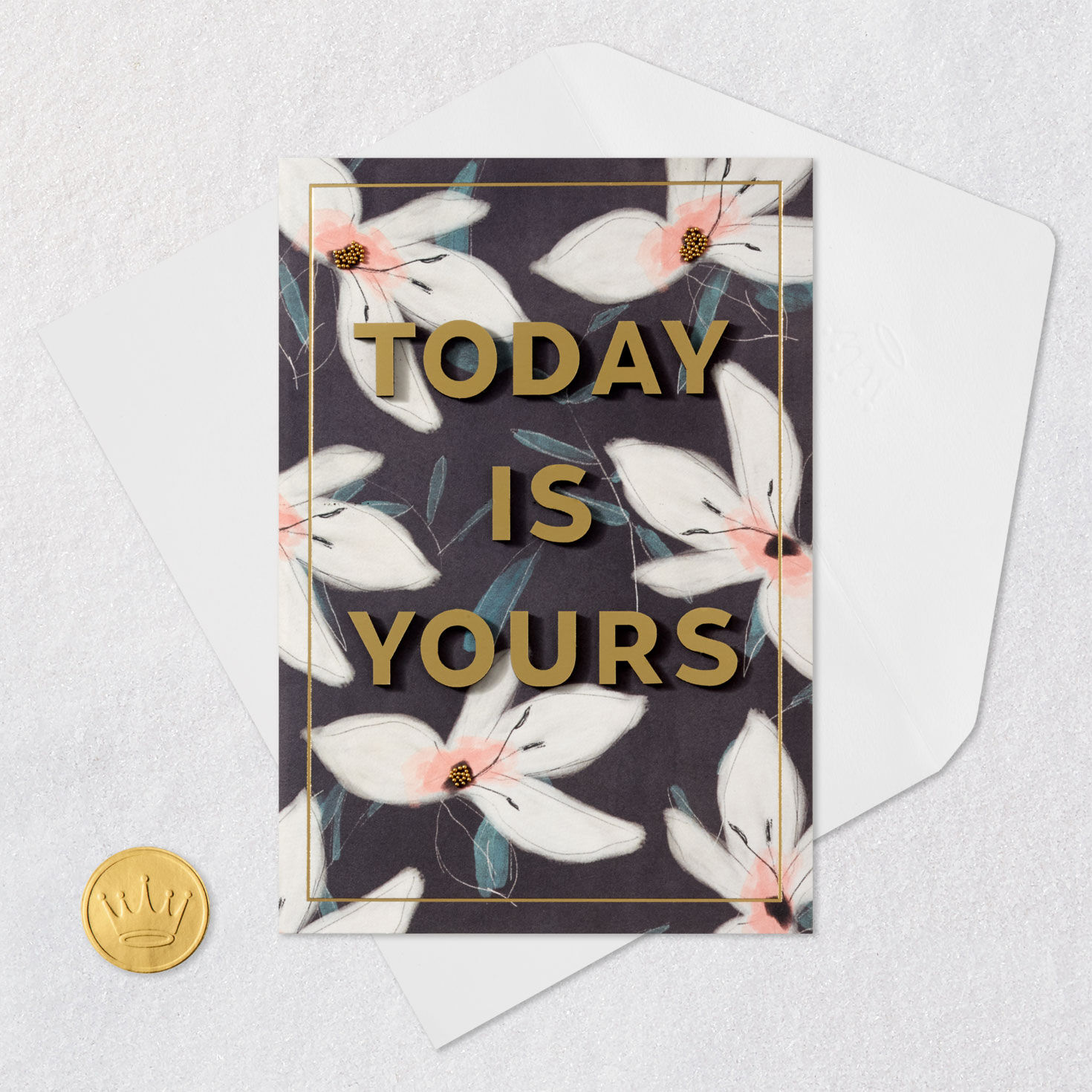 White Flowers on Black Birthday Card Card Front with Envelope and Gold Seal image number 6