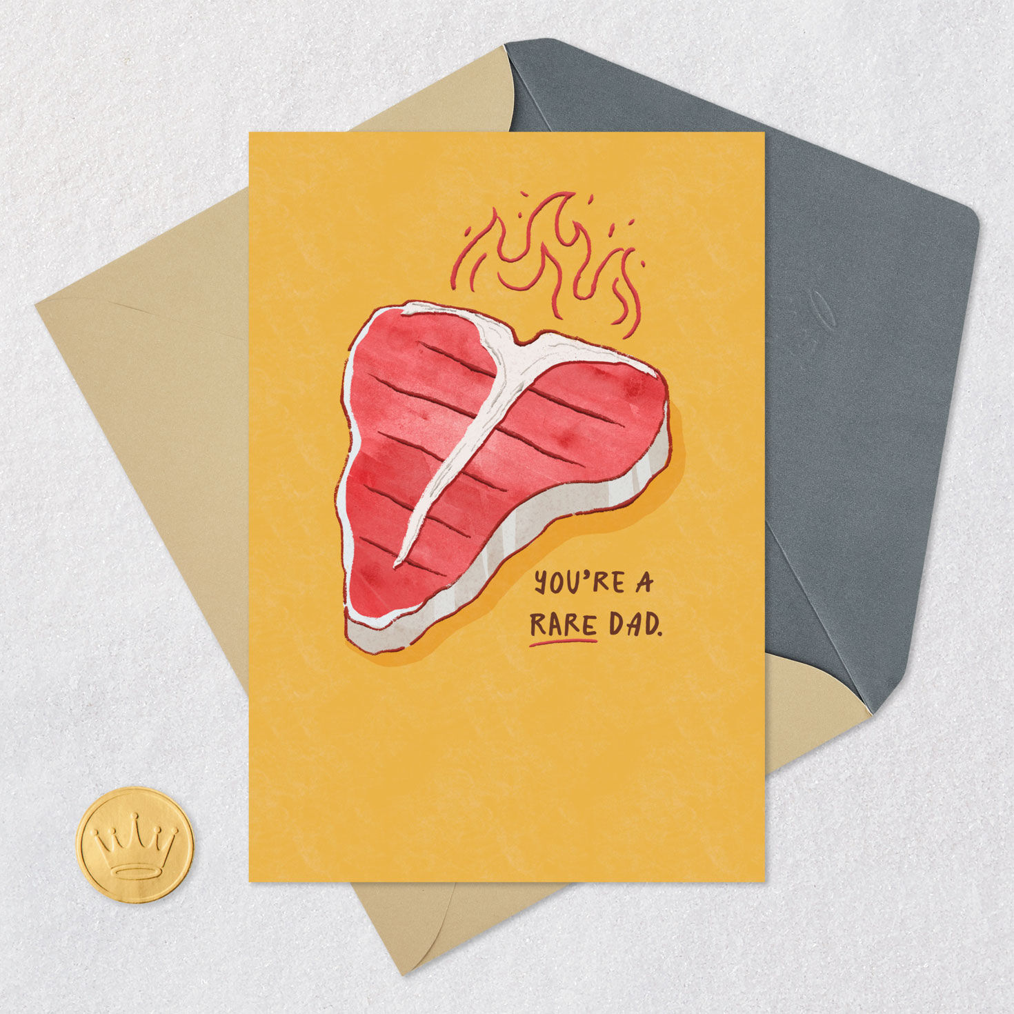 T-Bone Steak Pun Rare Dad Father's Day Card Card Front with Envelope and Gold Seal image number 5