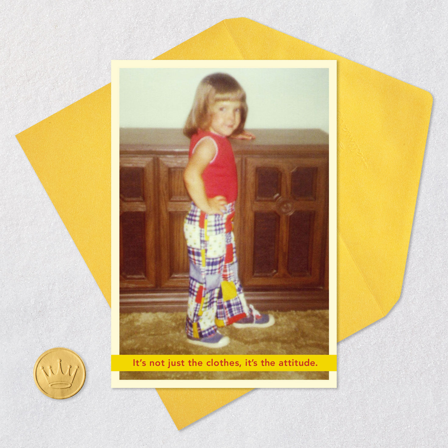 Girl in Retro Pants Funny Birthday Card for Her Card Front with Envelope and Gold Seal image number 5