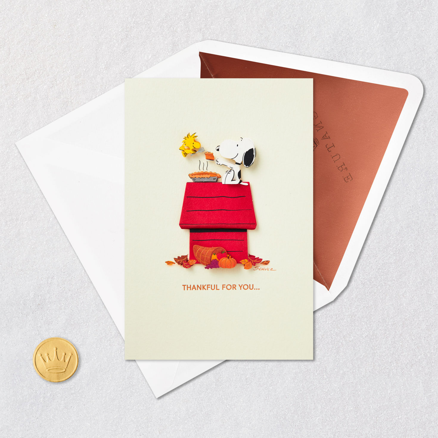 Peanuts Snoopy Pie on Doghouse Thanksgiving Card Card Front with Envelope and Gold Seal image number 5
