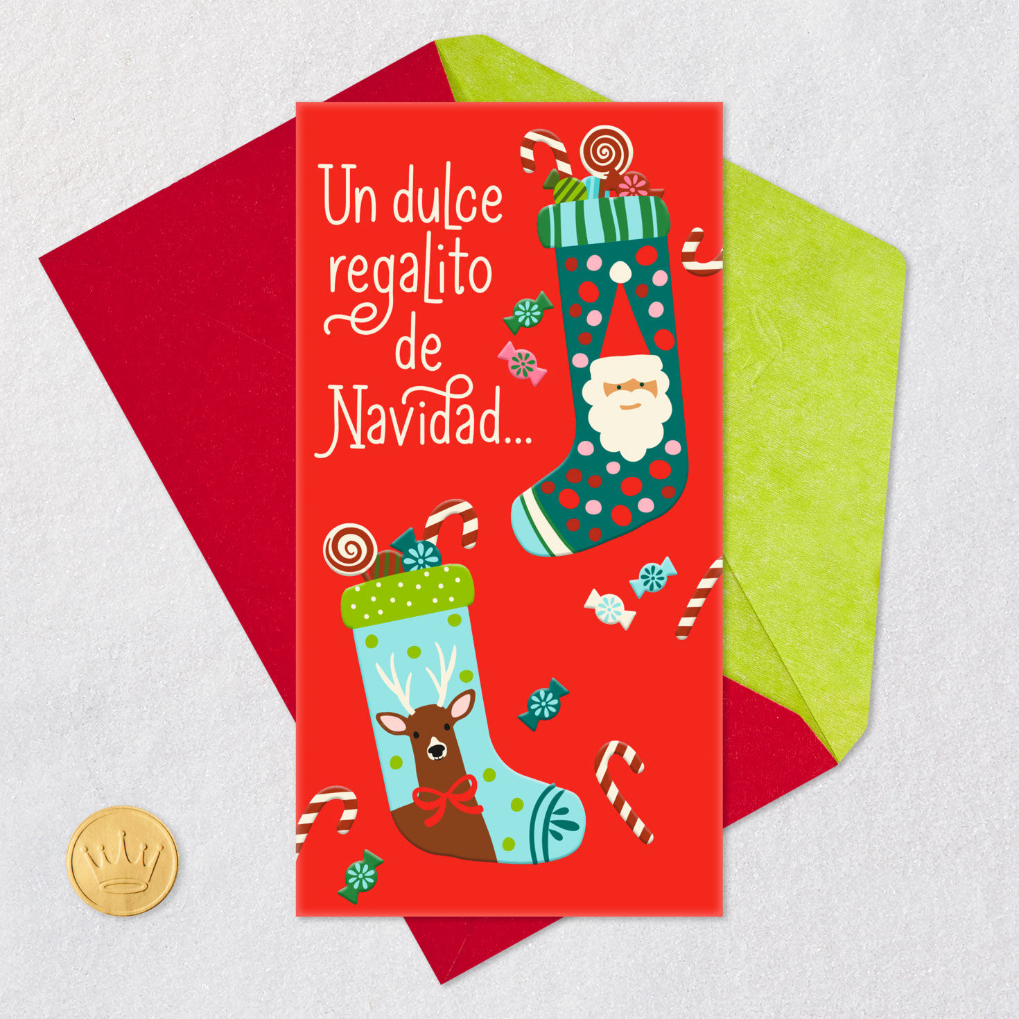 Stockings and Candy Money Holder Christmas Card in Spanish Card Front with Envelope and Gold Seal image number 5