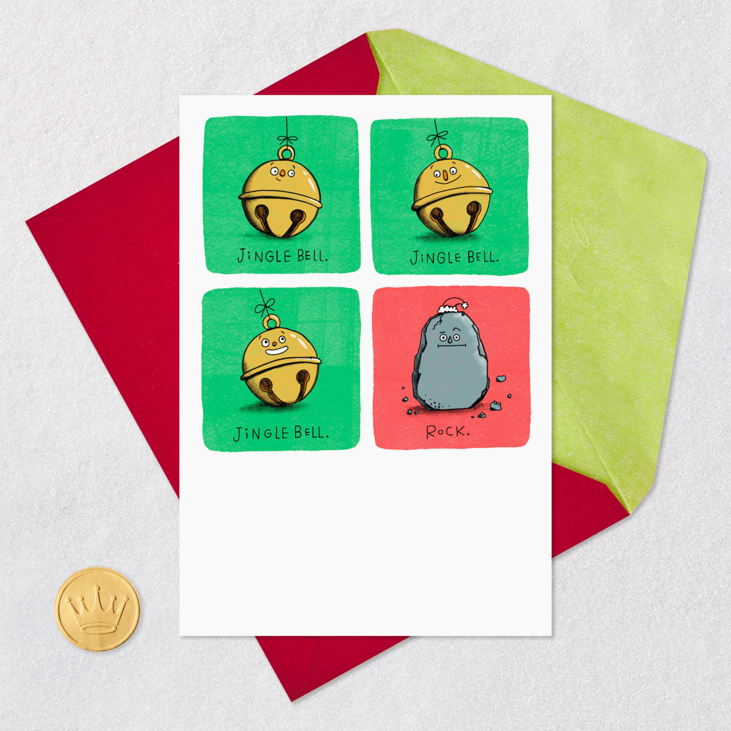 Cartoon Jingle Bells and Rock Funny Christmas Card Card Front with Envelope and Gold Seal image number 5