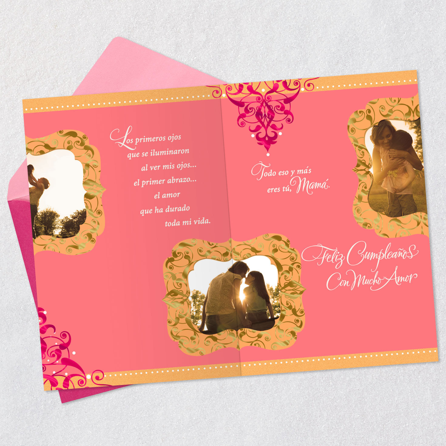 Sepia Photo Elegant Designs Mom Birthday Card in Spanish Open card with envelope image number 4