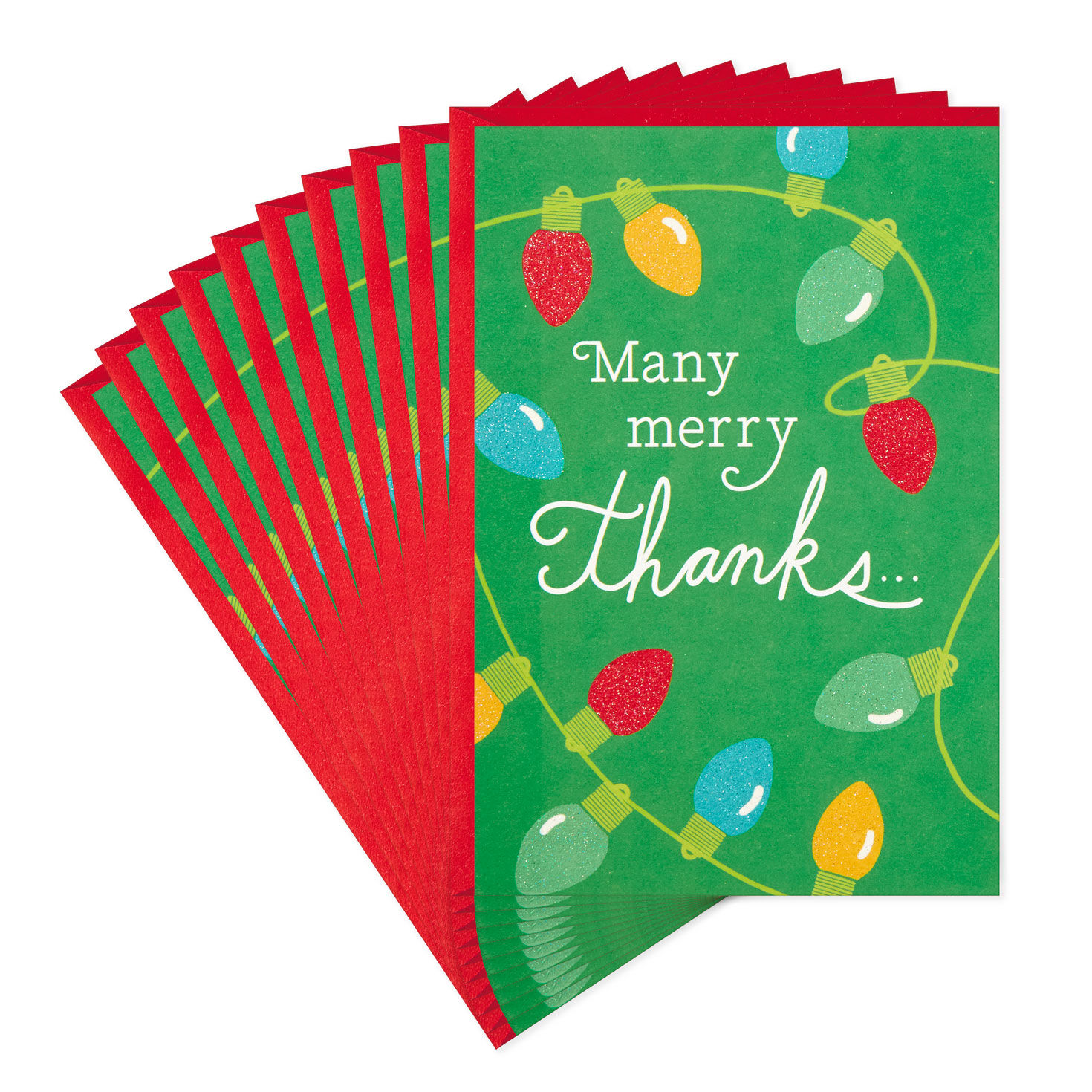 String Lights on Green Christmas Thank You Cards, Pack of 10