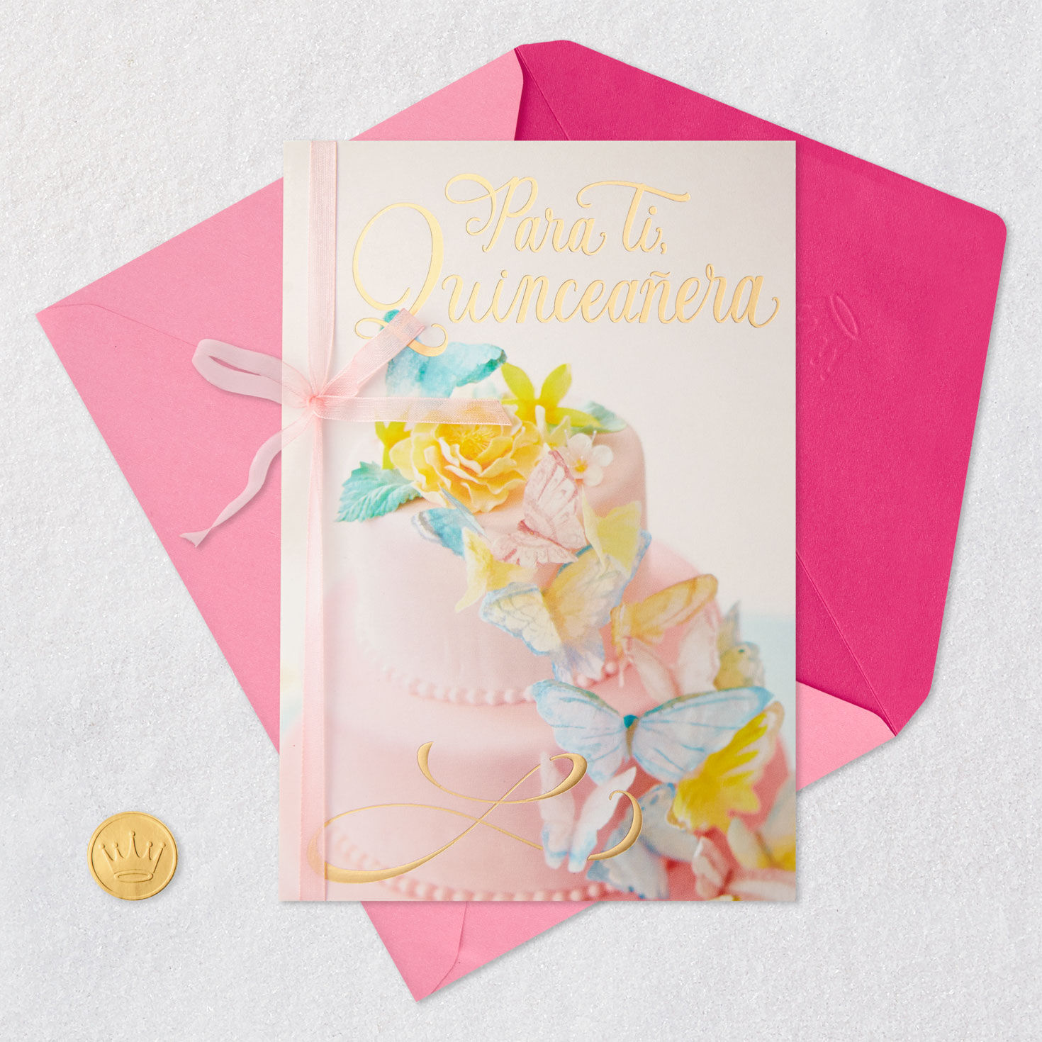 Butterfly Cake Spanish Quincea&ntilde;era Card Card Front with Envelope and Gold Seal image number 6