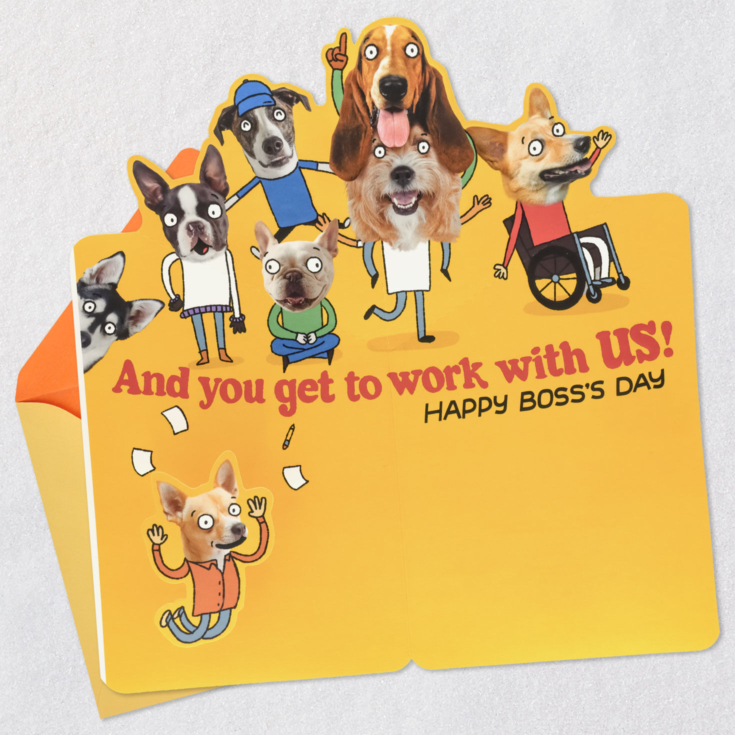 Funny Dog Faces Boss's Day Pop-Up Card Open card with envelope image number 2