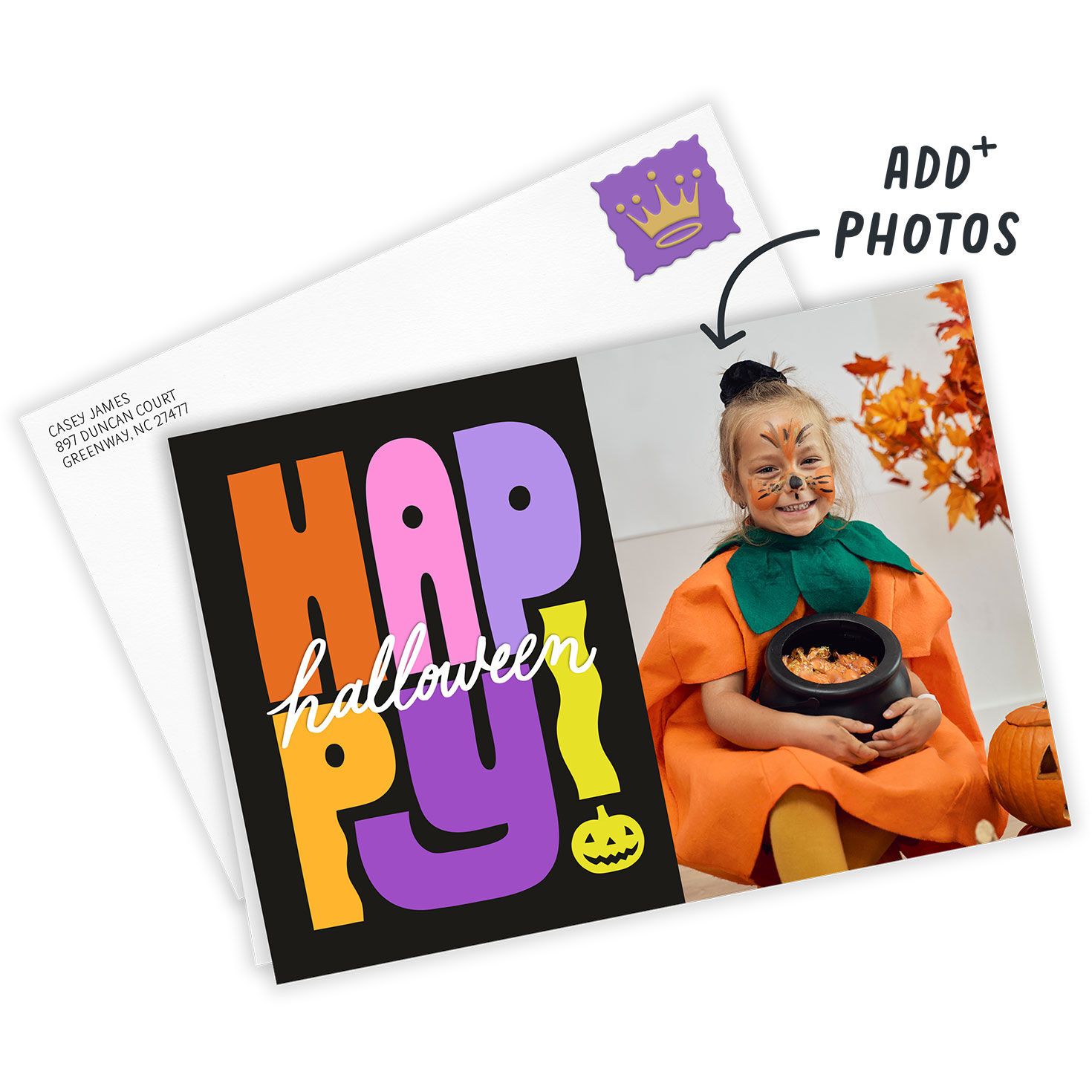 Large Colored Letters Personalized Halloween Card Card Front indicating personalization image number 2