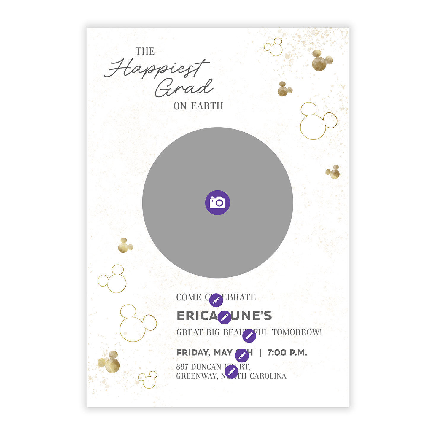 Gold Mickey Heads Grad Party Invitation Card Front indicating personalization image number 5