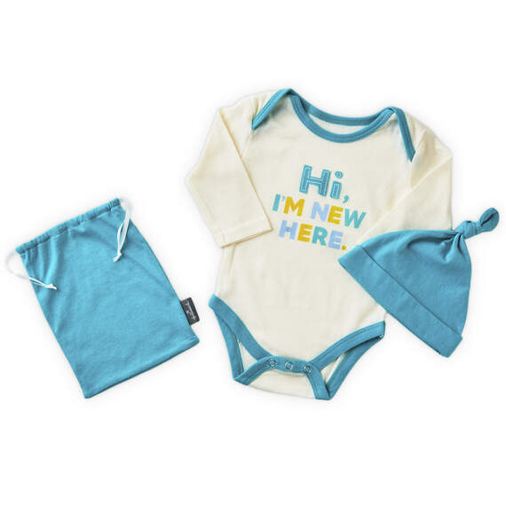 Teal I'm New Here Baby Bodysuit and Hat, 0-3 Months, , large image number 1