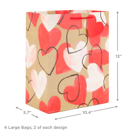 13" Happy Heart Day and Painted Hearts 4-Pack Large Valentine's Day Gift Bags, 