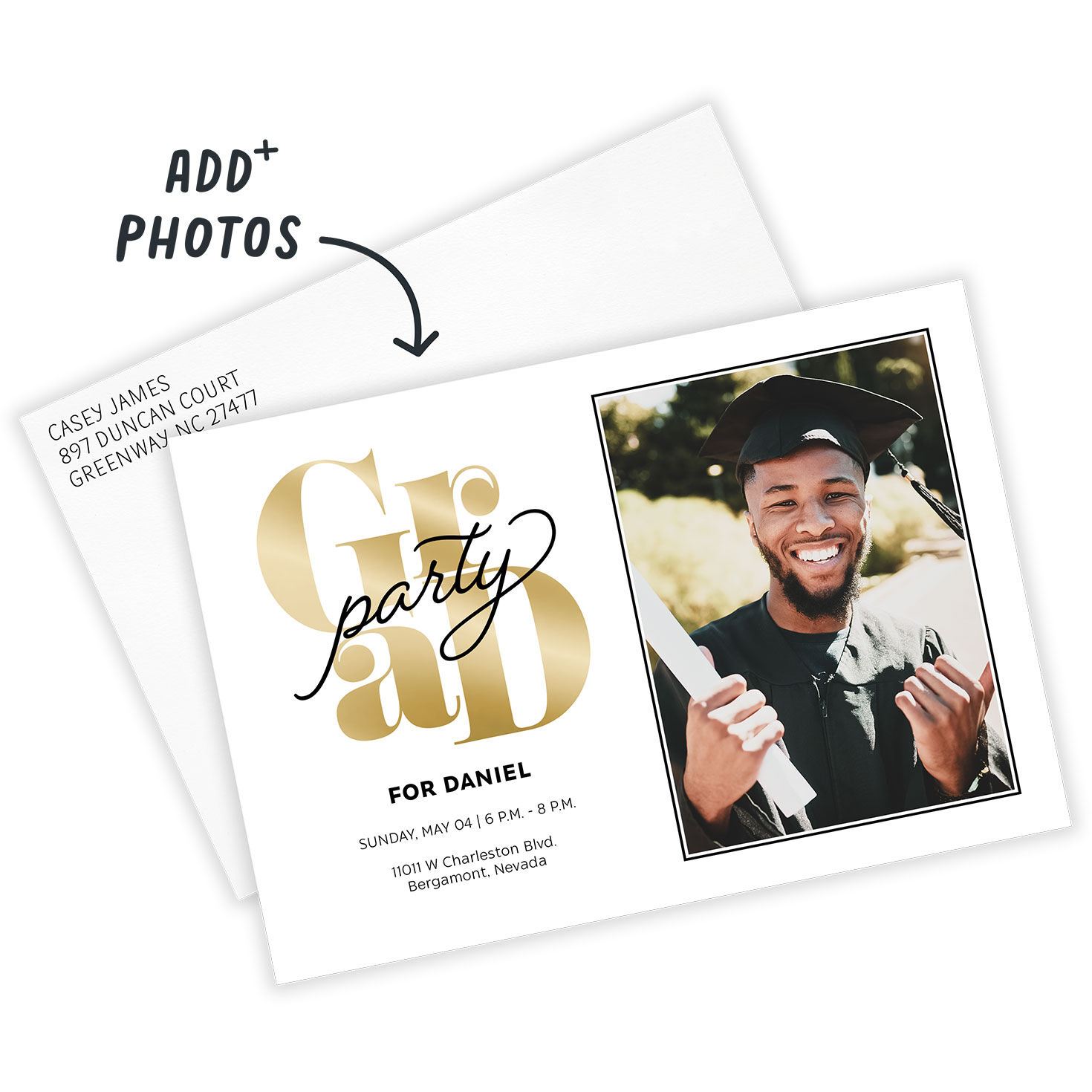 Gold and Black Personalized Grad Party Invitation Card Front indicating personalization image number 2