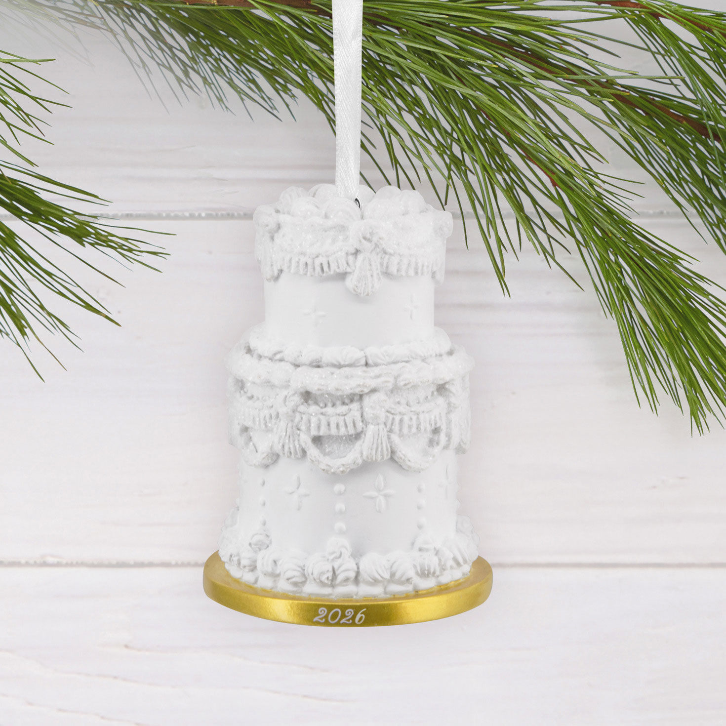 Fancy White Wedding Cake 2026 Christmas Ornament hanging on tree image number 2