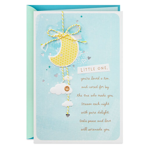 Moon With Hearts and Stars Baby Boy Christening Card, 