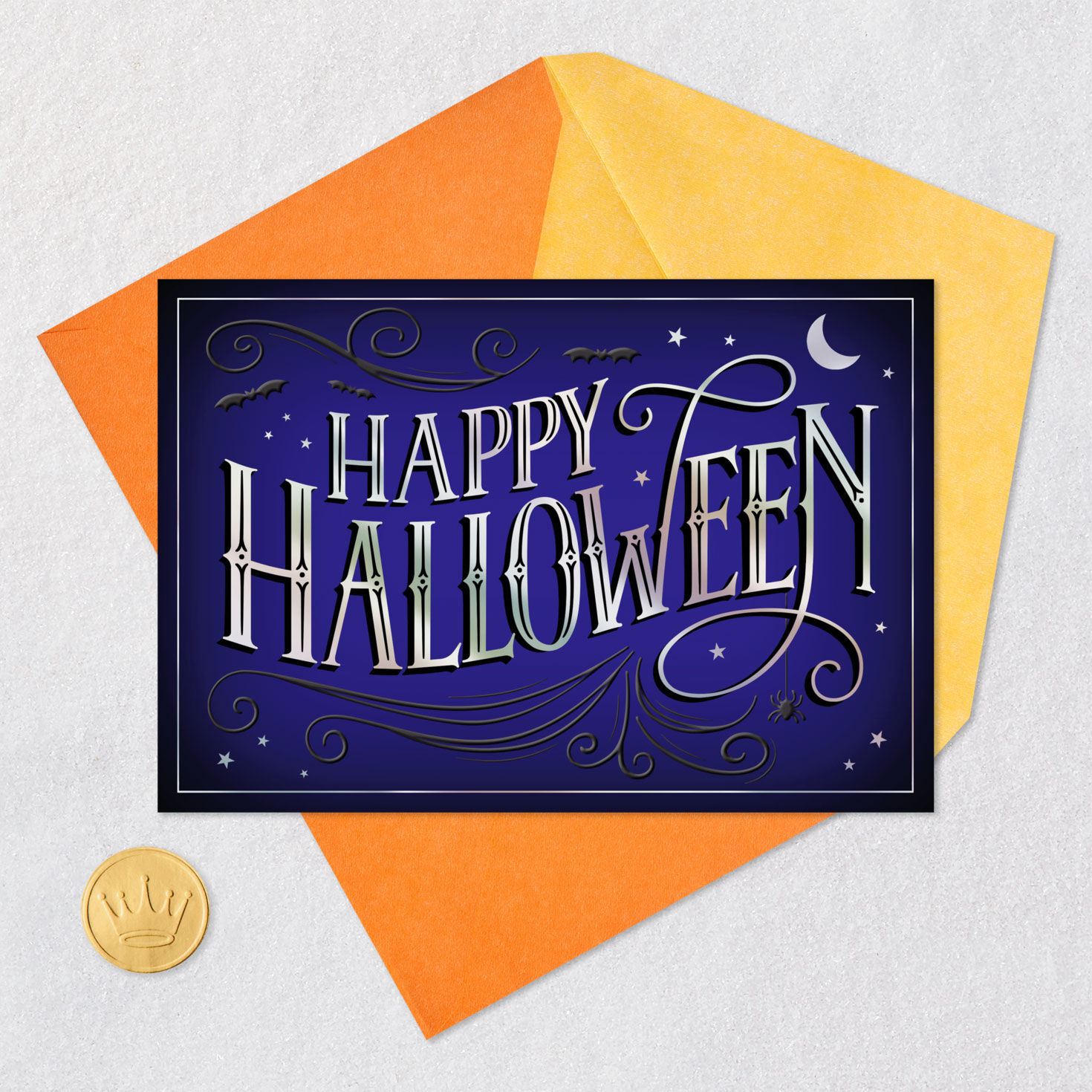 Elegant Blue and Silver Halloween Card Card Front with Envelope and Gold Seal image number 5