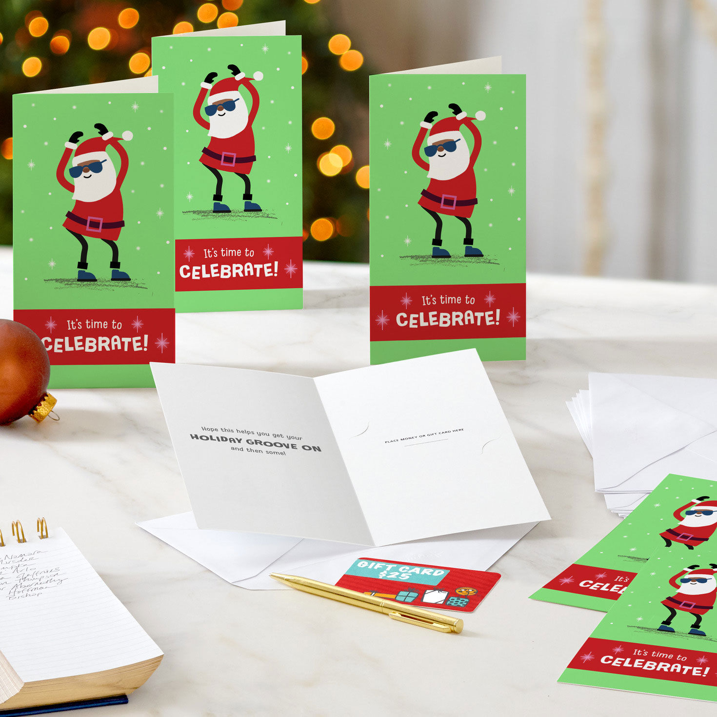 Black Dancing Santa Money Holder Christmas Card Pack in use image number 7