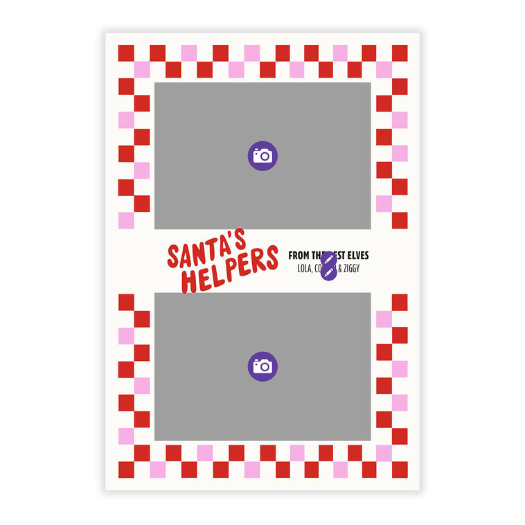 Red Pink Checkered Border Personalized Christmas Card Card Front indicating personalization image number 5