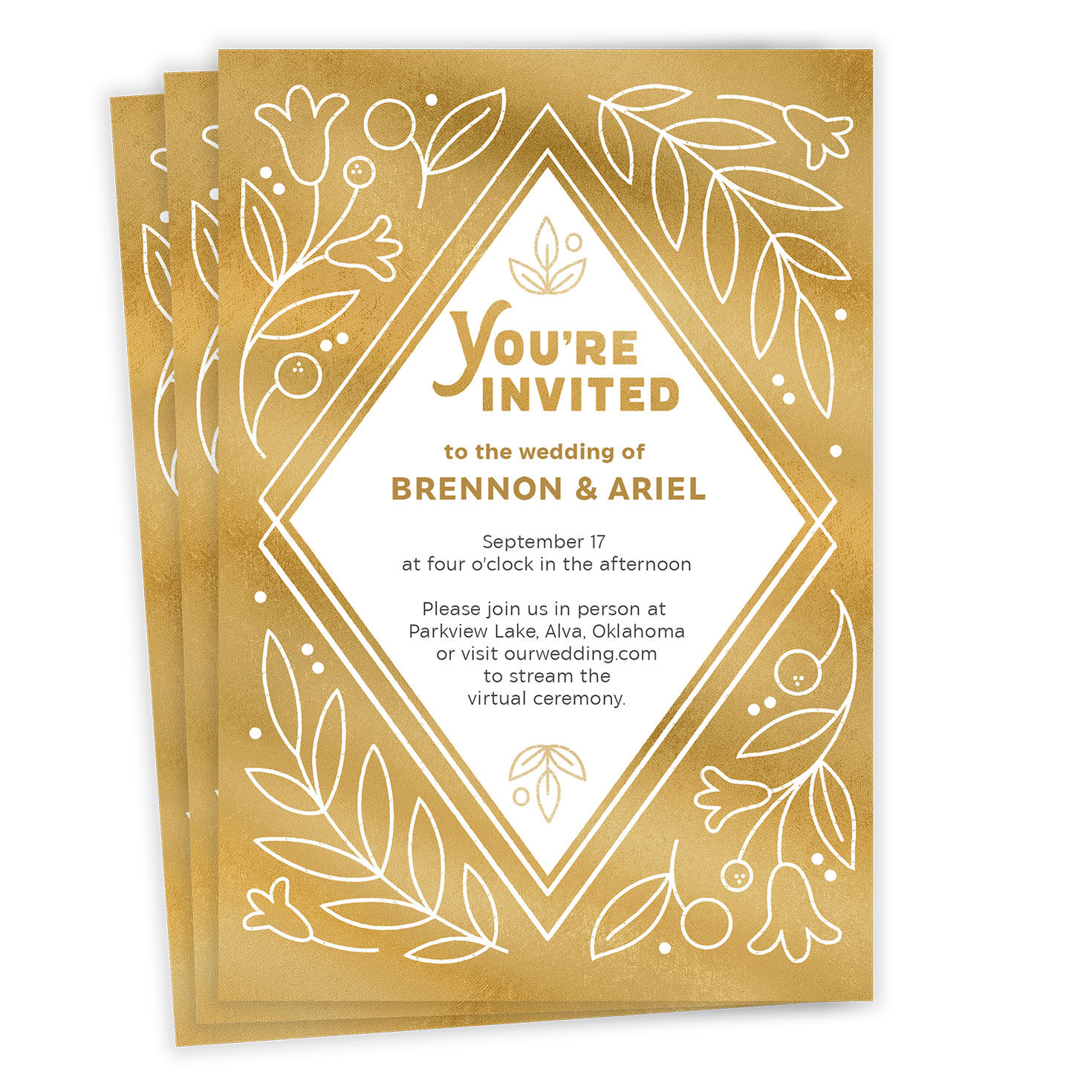 Whimsical Golden Foliage Flat Wedding Invitation