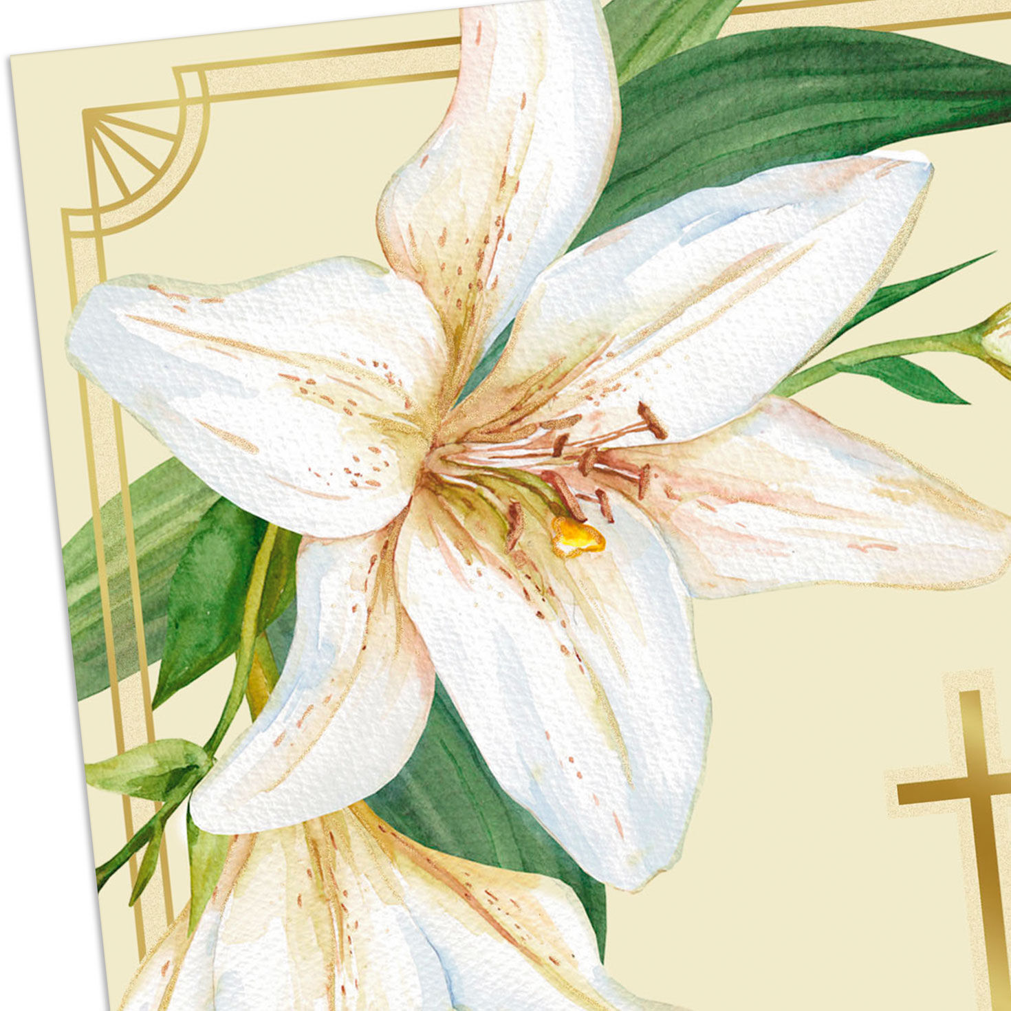 White Lilies on Yellow Religious Easter Card Card Front Detail image number 5