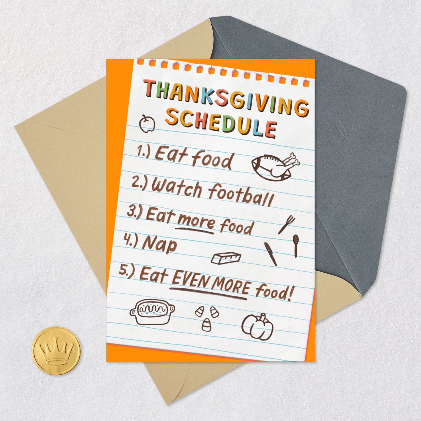 Turkey Day Fun List Thanksgiving Card Card Front with Envelope and Gold Seal image number 6