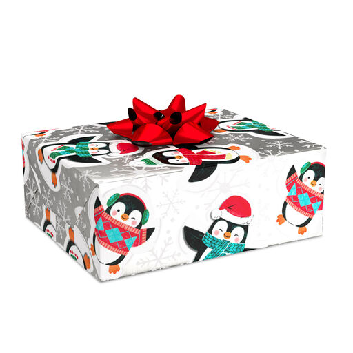 Playful Penguins on Metallic Silver Christmas Wrapping Paper, 25 sq. ft., 