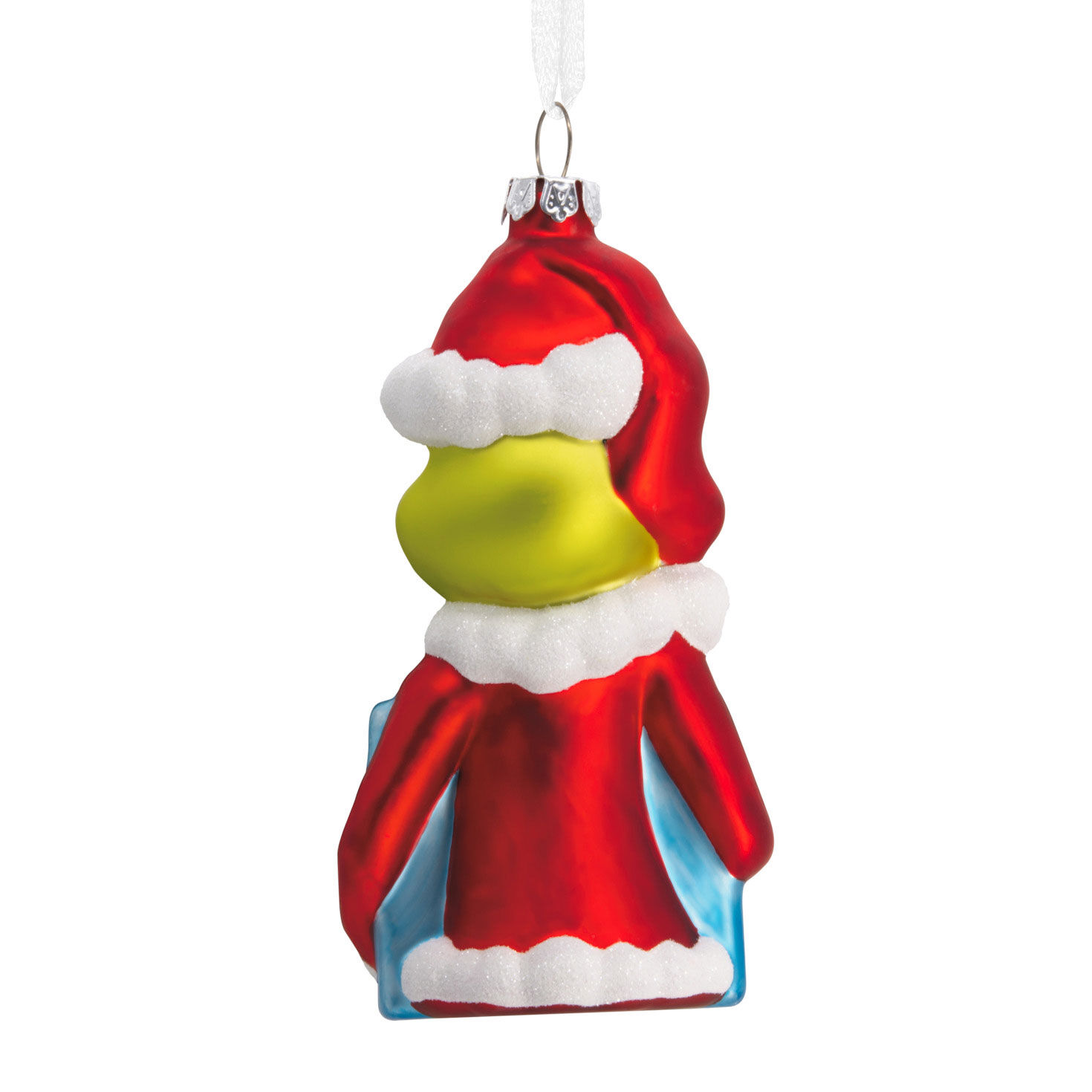 Grinch With Present Glass Christmas Ornament Back image number 5