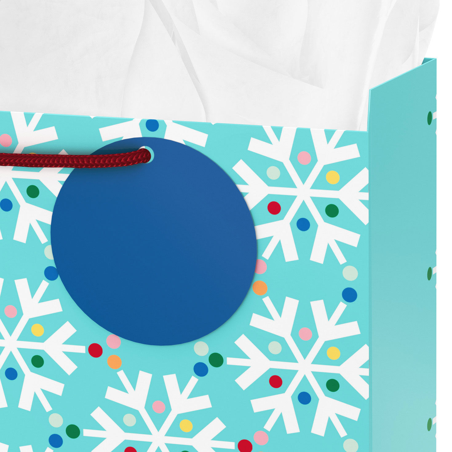 Snowflakes on Blue Large Holiday Gift Bag with Tissue handle tag detail image number 4