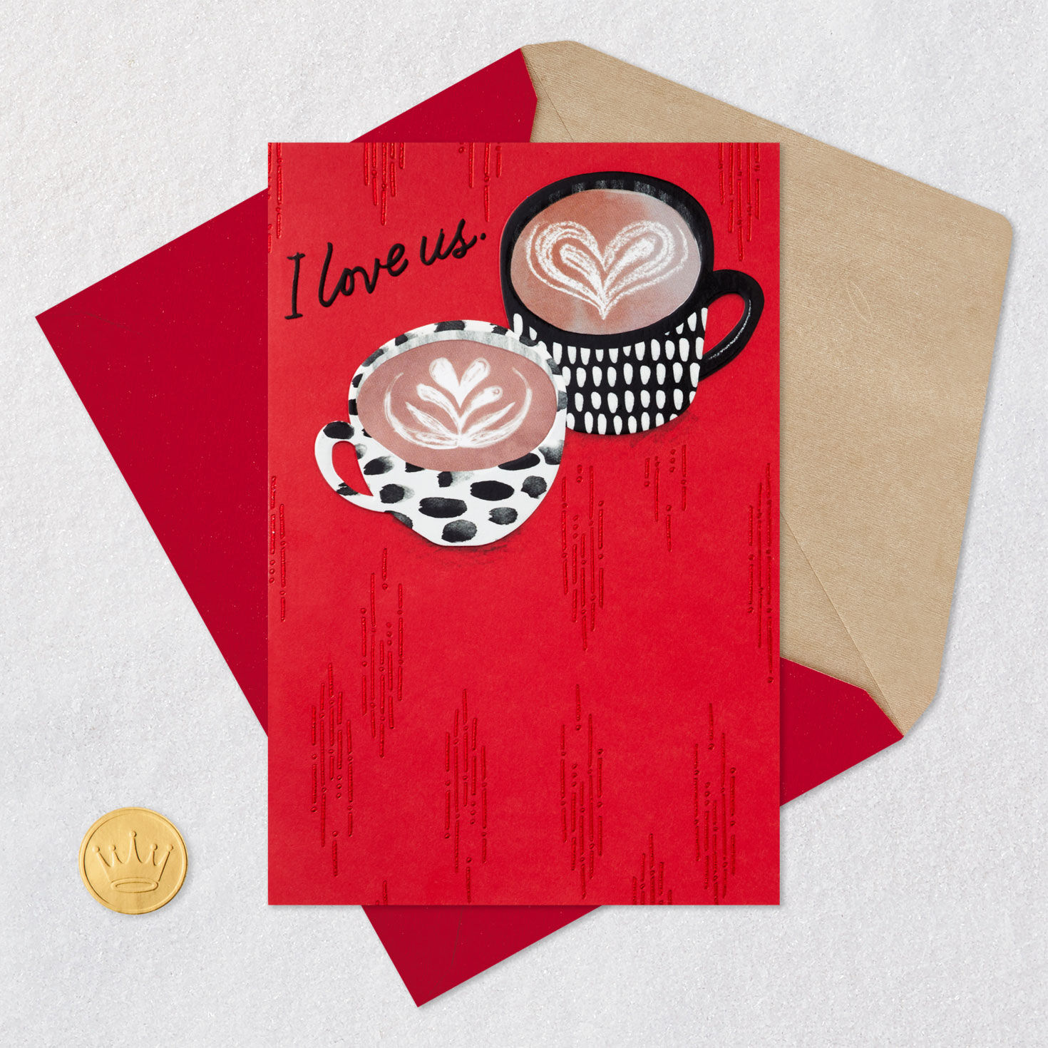 Heart Lattes in Coffee Cups Valentine's Day Cards Card Front with Envelope and Gold Seal image number 5