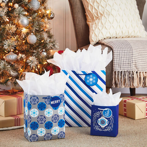 Blue and Silver 8-Pack Holiday Gift Bags, Assorted Sizes and Designs, 