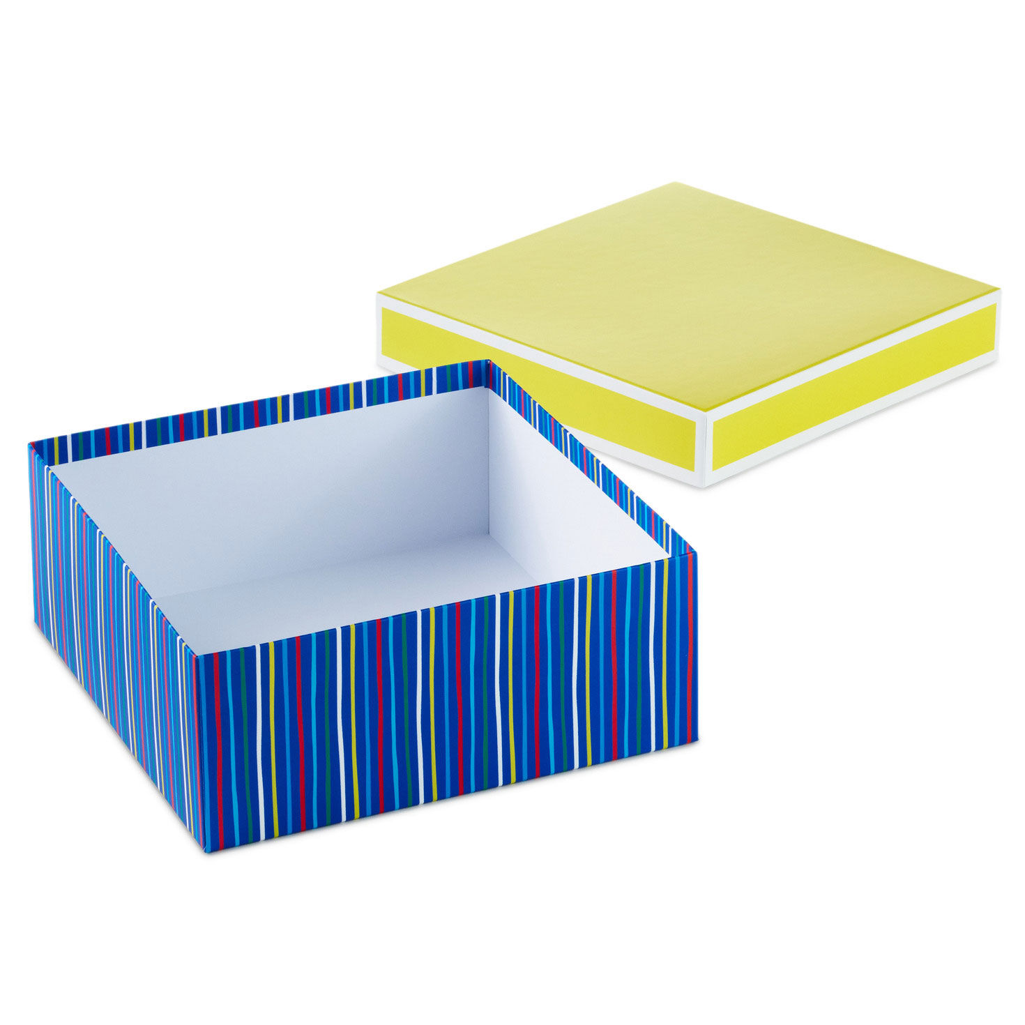 Large Square Striped Gift Box With Yellow Lid front lid off image number 4