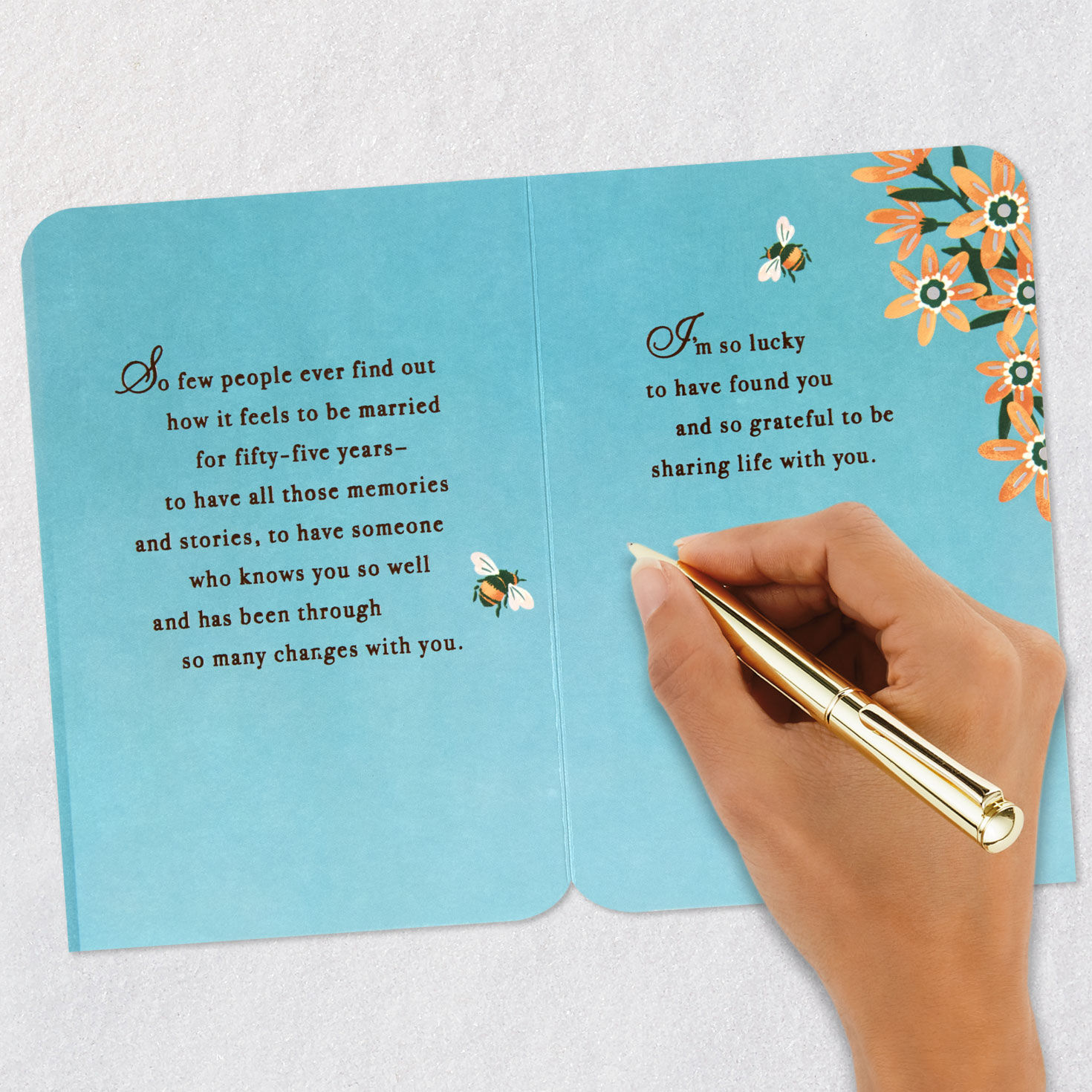 Bees with Pink and Peach Flowers on Light Blue 55th Anniversary Card Signing card image number 7