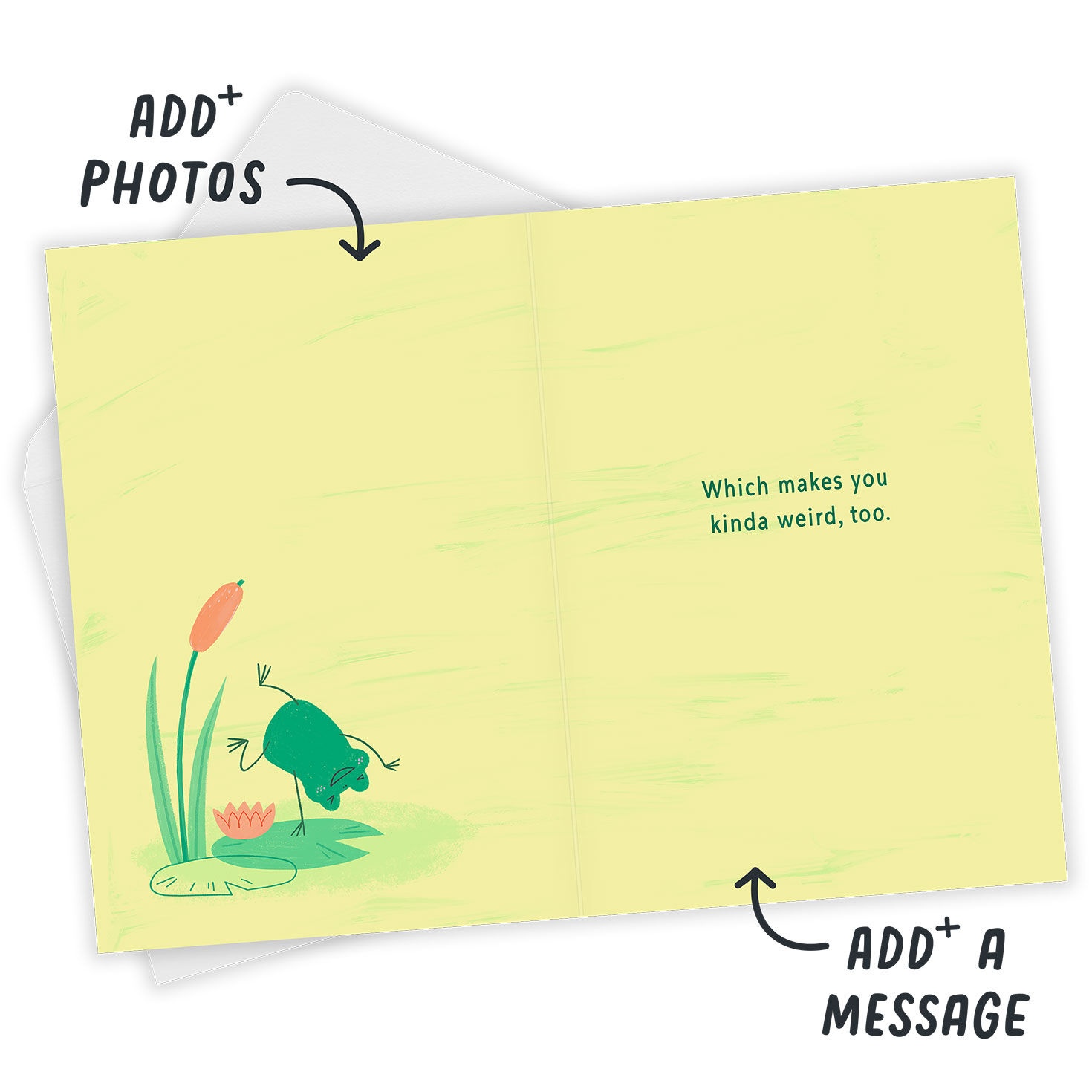 Two Frogs Mushroom and Cattails Personalized Card Open Card with Envelope indicating personalization image number 3
