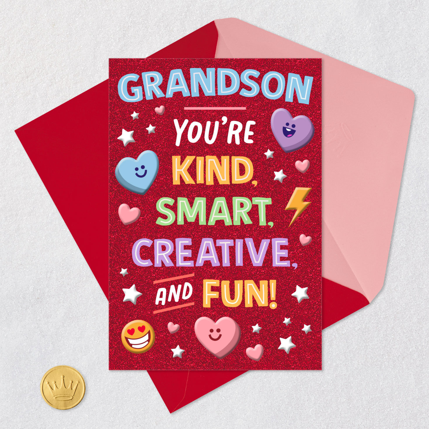 Sparkly Hearts and Stars Grandson Valentine's Day Card Card Front with Envelope and Gold Seal image number 5