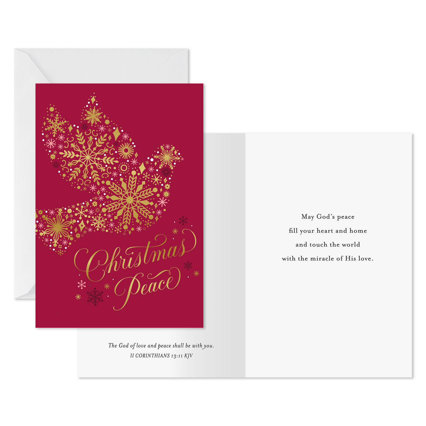 Snowflake Dove on Maroon Religious Christmas Cards Pack Card Front with Sentiment image number 2