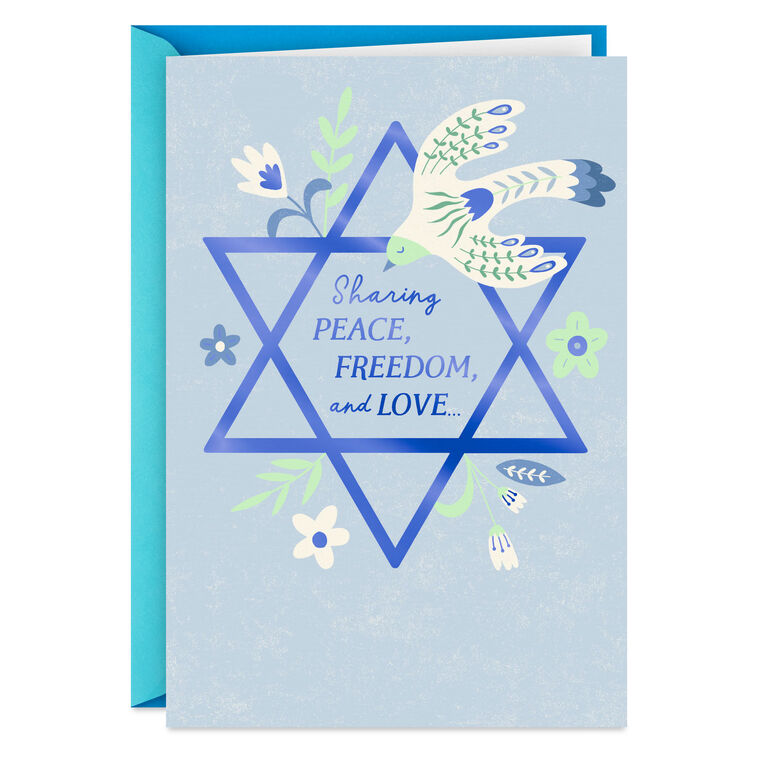Peace, Freedom and Love Dove and Star of David Hanukkah Card