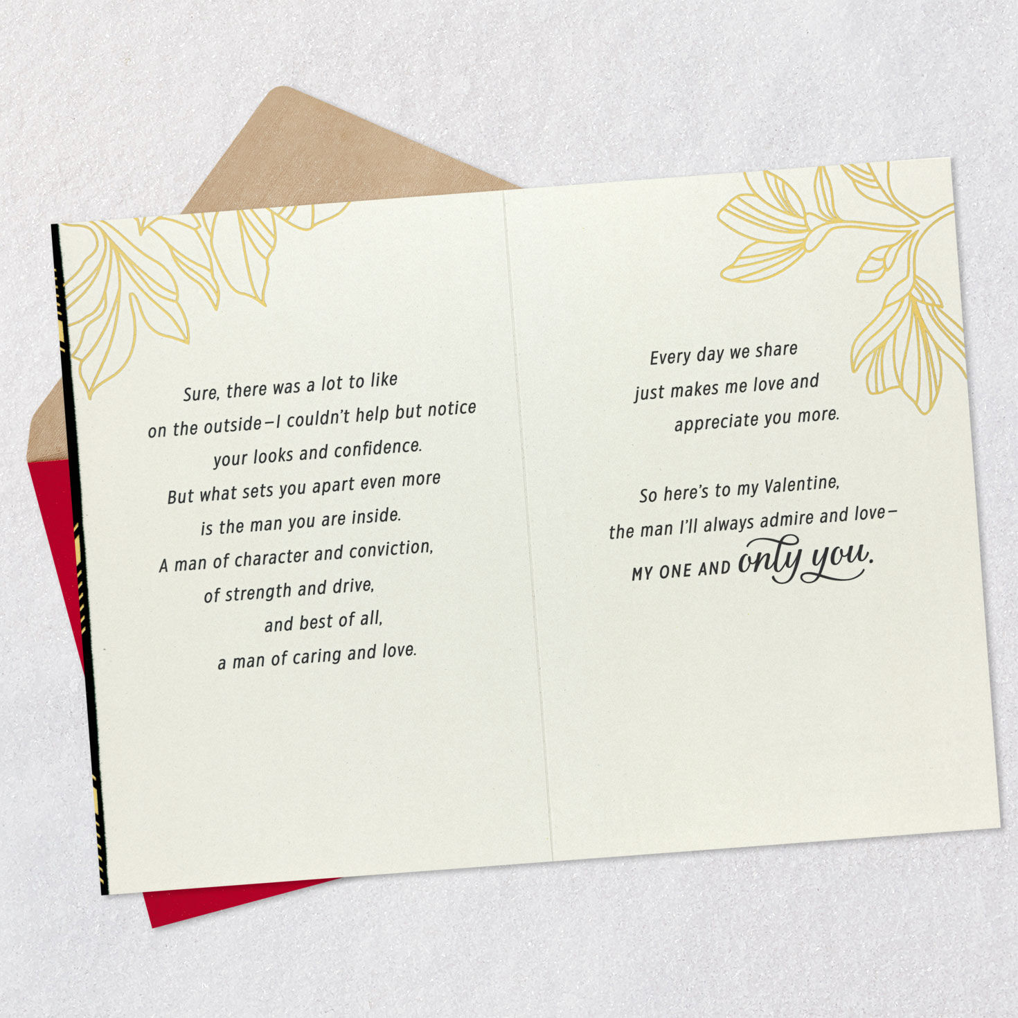 Red and Gold Heart Romantic Valentine's Card for Him Open card with envelope image number 4