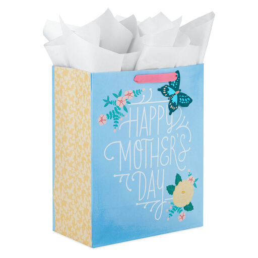 13" Blue Happy Mother's Day Large Gift Bag With Tissue Paper, 