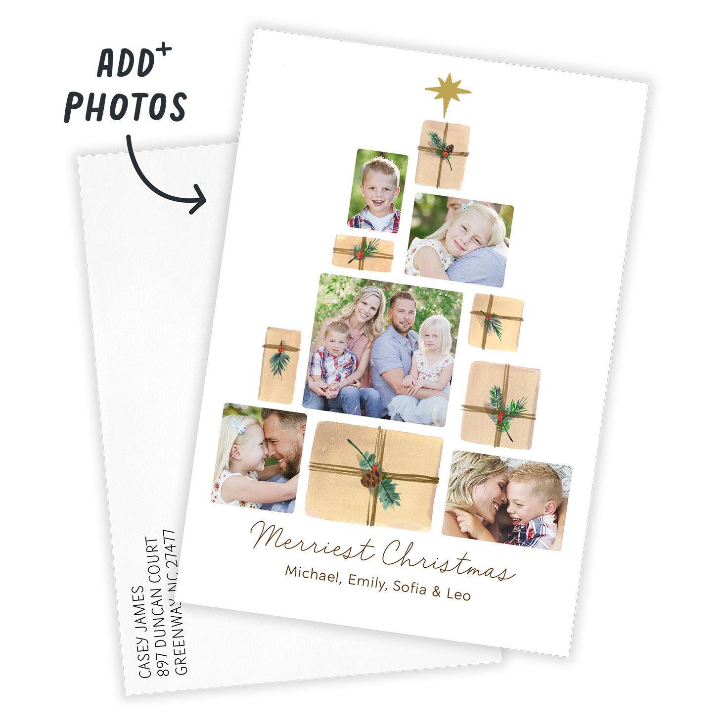 Tree of Gifts Personalized Christmas Photo Card Card Front indicating personalization image number 2
